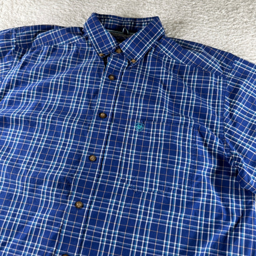 Ariat Pro Series Shirt Men's Large Tall Blue Plaid Short Sleeve Button Up Clean